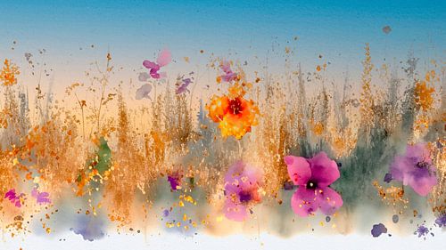 Modern en uniek. Zomers bloemenveld en gouden grassen