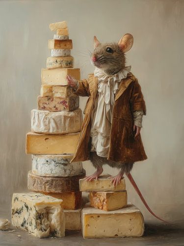 Le roi du fromage - Souris en costume du XVIIIe siècle avec tour de fromage
