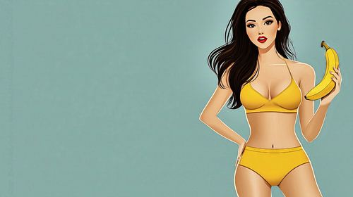 Vrouw in gele bikini met banaan
