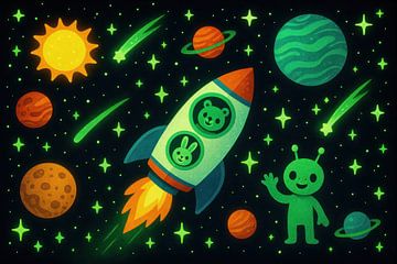 Bear and rabbit on space journey by Art & Soul Creations