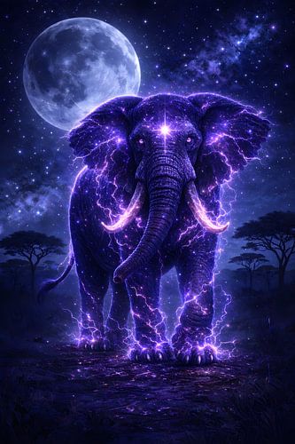 Surrealer kosmischer lila Elefant – Blitzmond-Weltraumkunst
