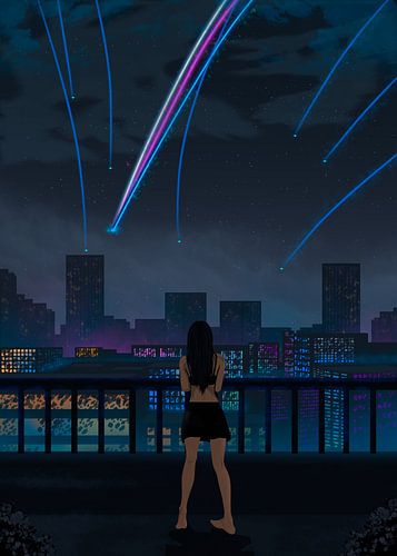 Stargazing Girl in Neon Meteor Shower. von Yuji Itadori