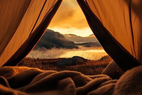 Tent view of mystical mountain landscape