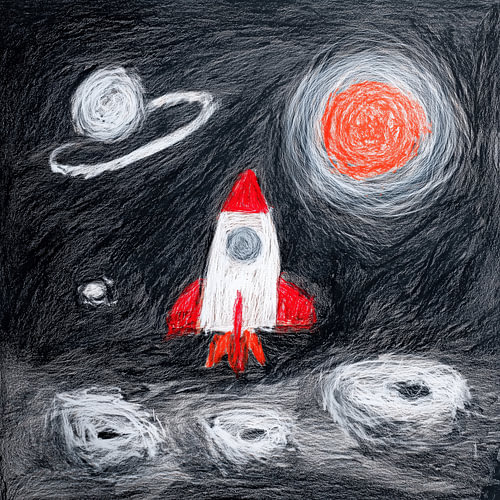 Zeichnung einer Rakete auf dem Mond im Weltall