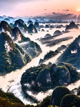 Paysage avec des centaines de montagnes au coucher du soleil sur Retrotimes