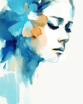 Modern portret van een jonge vrouw in blauw van Carla Van Iersel