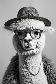 Fashionable llama with hat and glasses in black and white by Poster Art Shop