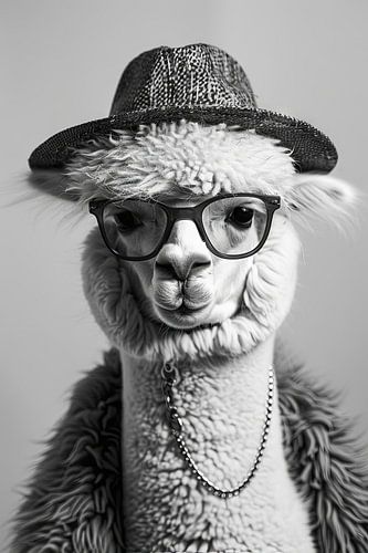 Modieuze lama met hoed en bril in zwart en wit