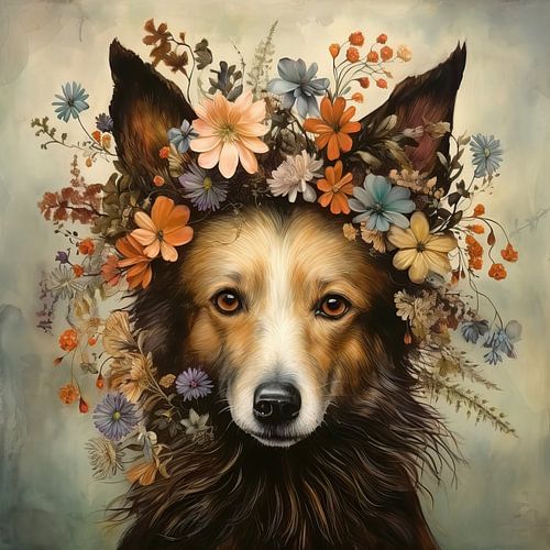 Schilderij Hond Bloemen