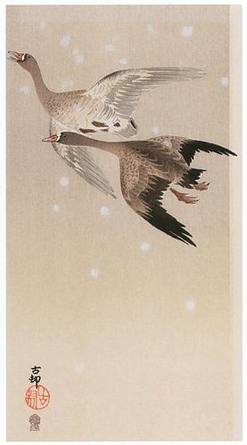 Ohara Koson - Blässgans im Schnee fliegend (bearbeitet)