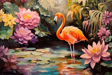 Flamingo in een bloeiende vijver van Poster Art Shop
