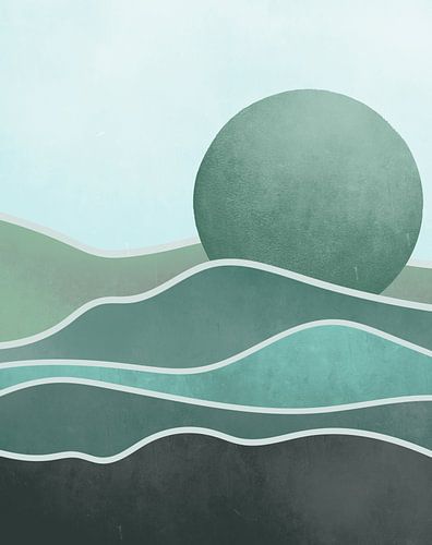 Paysage de bohème bleu-vert avec soleil couchant. sur Bianca van Dijk