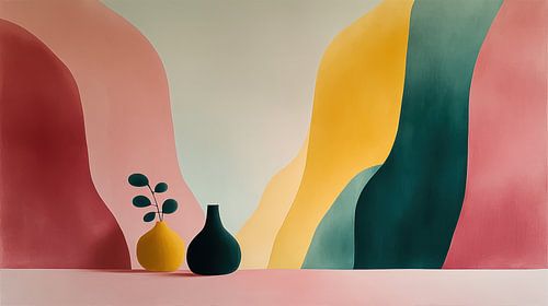 Des vases et un panorama en arrière-plan aux couleurs douces et variées