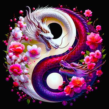 Yin-Yang draak met kersenbloesems - gekleurde illustratie van A.D. Digital ART