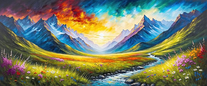 Magisch panoramisch berglandschap in de zomer - zonsondergang over bergen en bloeiende weiden van AidasignArt