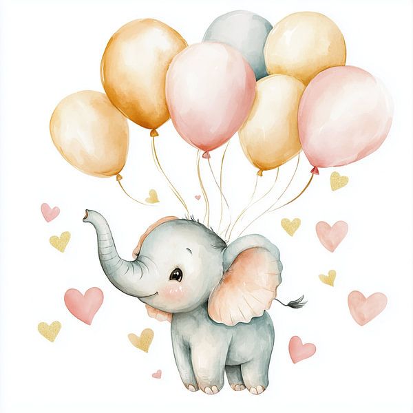 Baby-Elefant mit Luftballons Pastell Aquarell von TheXclusive Art