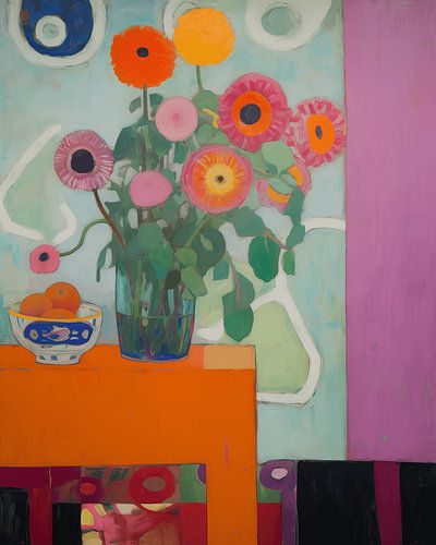 Superbuntes Stillleben mit Blumen und Früchten