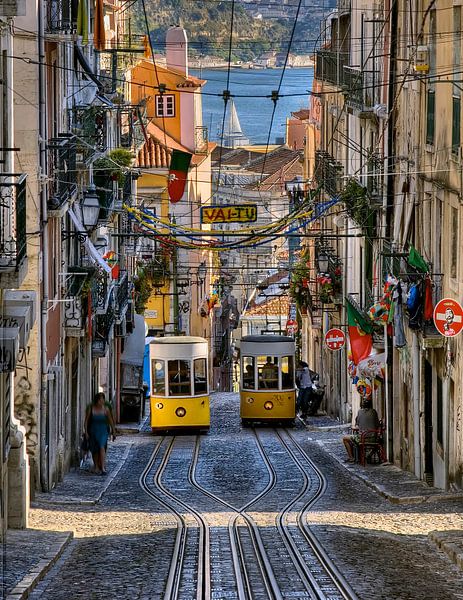 Zwei gelbe Straßenbahnen in Lissabon von Rob van Esch