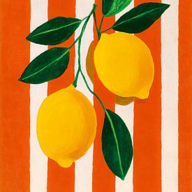 Twee citroenen met groene bladeren tegen oranje-wit gestreepte achtergrond in moderne kunststijl van But First Framing