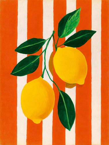 Zwei Zitronen mit grünen Blättern vor orange-weiß gestreiftem Hintergrund im modernen Kunststil