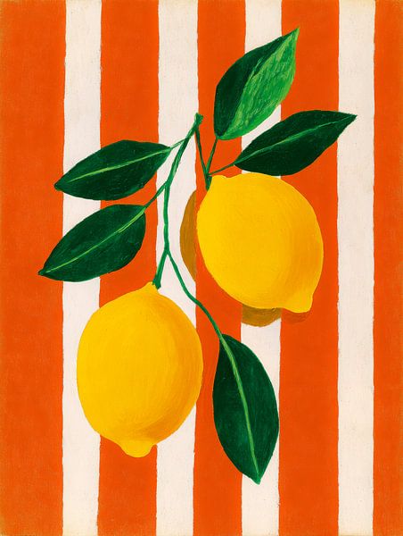 Two lemons with green leaves against orange-white striped background in modern art style by But First Framing