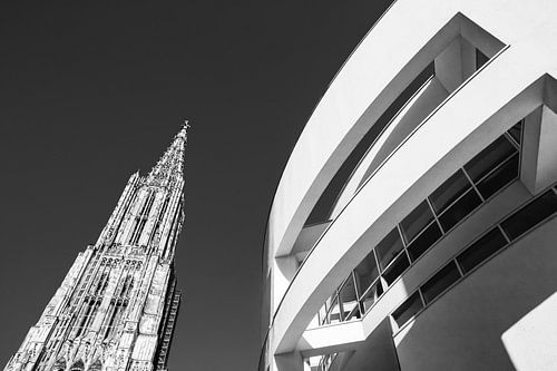 Ulm Minster en het stadhuis in Ulm - Monochroom