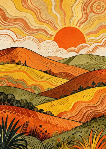 PSYCHEDELIC Sunset Valley - Imprimé abstrait représentant la nature des collines vallonnées des années 70