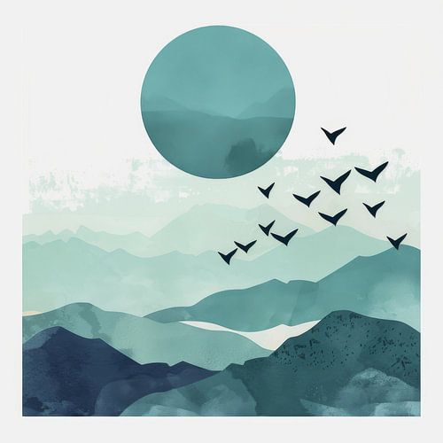 Blauwe zonsopgang met vogels - Minimalistische landschapskunst