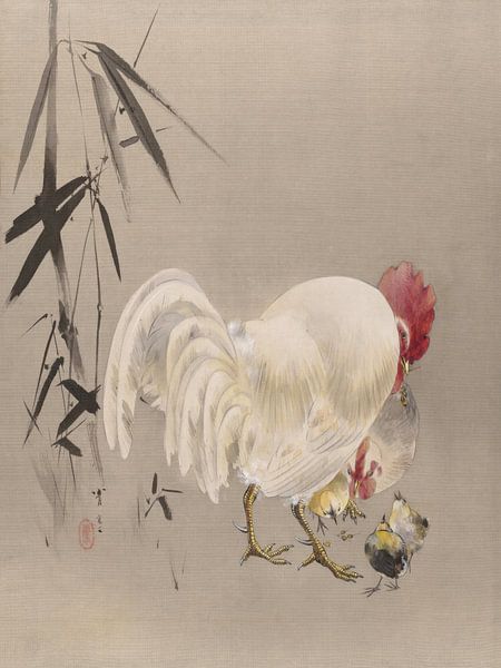 Watanabe Seitei - Coq et poule avec poussin (1887) par Peter Balan