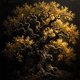 Peinture à l'huile en impasto représentant un majestueux chêne doré, symbole de la vie sur Artistic