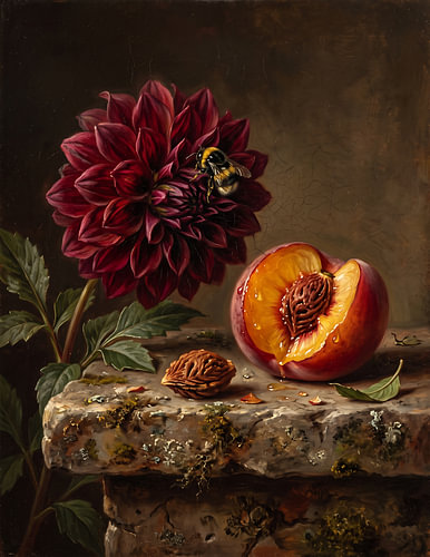 Vintage stilleven met dahlia’s en perziken – Bloemenschilderij met hommel in olieverf