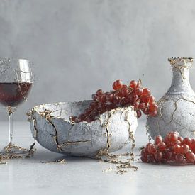 Still life with red wine and grapes, Kinstugi, Japandi, Wabi-Sabi by Peter Pen Drawings and Paintings