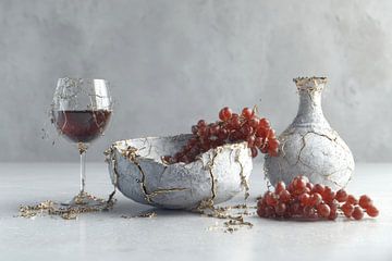 Stilleven met rode wijn en druiven, Kinstugi, Japandi, Wabi-Sabi van Peter Pen tekeningen en schilderijen