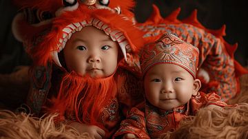 Zwei chinesische Brüder im Drachenkostüm von Karina Brouwer