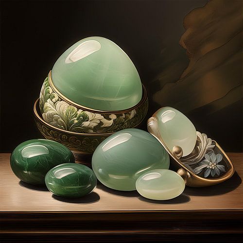 Still life of green jade stones
