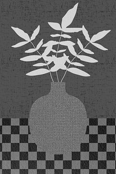 Minimalist retro still live with leaves in a vase. Black and white, checkerboard and textile texture by Dina Dankers