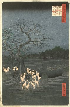 Vossenvuren op Oudejaarsavond bij de Shozoku netelboom in Oji, Utagawa Hiroshige