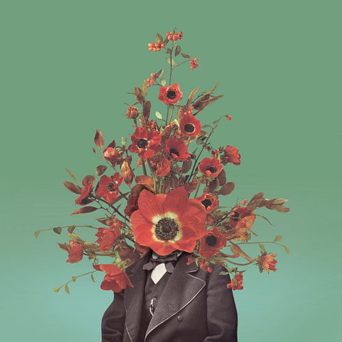 Zelfportret met bloemen 4 (groene achtergrond)