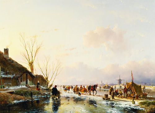 Andreas Schelfhout,Skaters door een Booth op een Bevroren Rivier