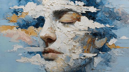 Portrait abstrait évoquant l'élargissement de l'esprit, avec une texture en forme de nuages et un style acrylique expressif