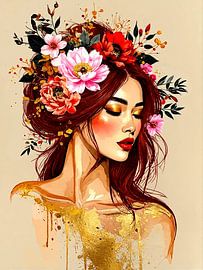 Portrait bohème chic avec des fleurs et des touches dorées