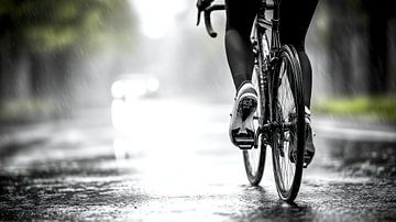 Radfahrer im Regen auf nasser Straße von Frank Heinz