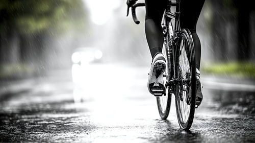 Fietser in de regen op een natte weg