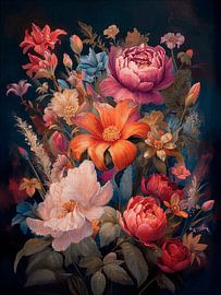 Ein farbenfroher Blumenstrauß vor einem stimmungsvollen dunklen Hintergrund von Studio Pieternel