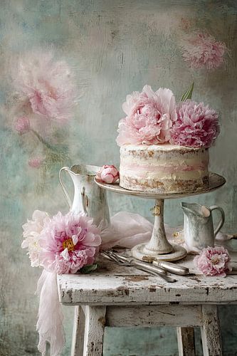 Taart met Pioenen en Vintage Houten Tafel - Shabby Chic Stilleven