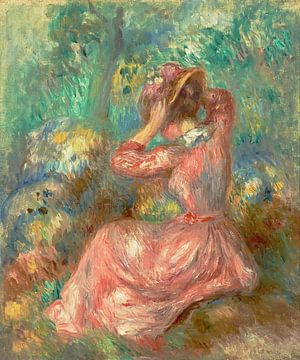 Vrouw die haar hoed schikt, Pierre Auguste Renoir
