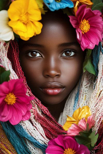 Girl surrounded by colourful flowers by Imperial Art House