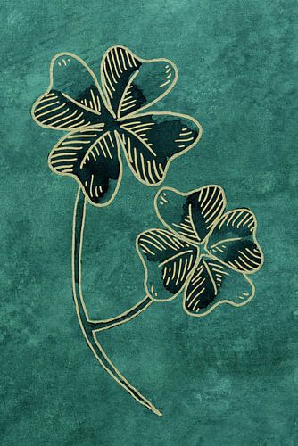 Geluk met een gouden randje (aquarel schilderij groen klavertje vier 4 bloemen planten natuur bling)