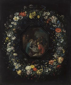 Frans Francken II, Wreath of flowers with adoration of the shepherds, ca. 1625-1630 by Atelier Liesjes