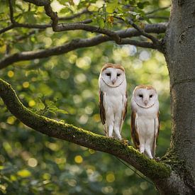 Two barn owls in the morning light of the forest by Christina Bauer Photos